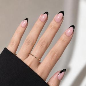 3 x Black French Tip Press On Nails, Short Almond Reusable Nails | Includes 32 reusable nails, glue, and 16 sizes for an easy fit and a glossy salon-style French manicure at home or on the go