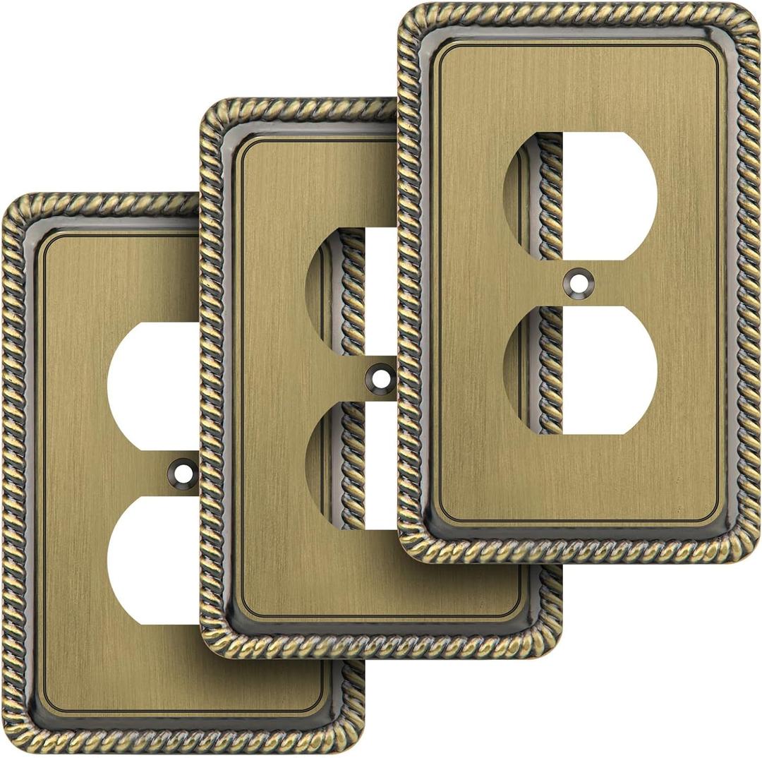 Henne Bery Rope Edge Decorative Wall Plate Switch Plate Outlet Cover (Single Duplex, 3 Pack, Antique Brass)
