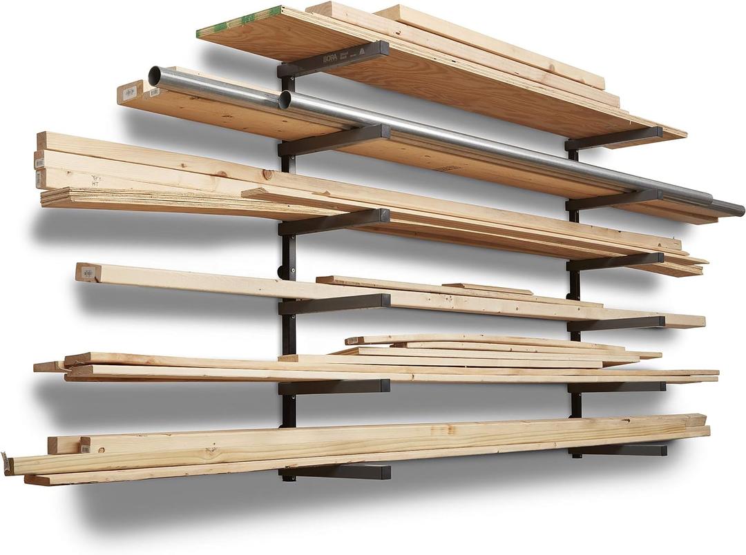 Bora Portamate Wood Organizer and Lumber Storage Metal Rack with 6-Level Wall Mount  Indoor and Outdoor Use, PBR-006B (Black)