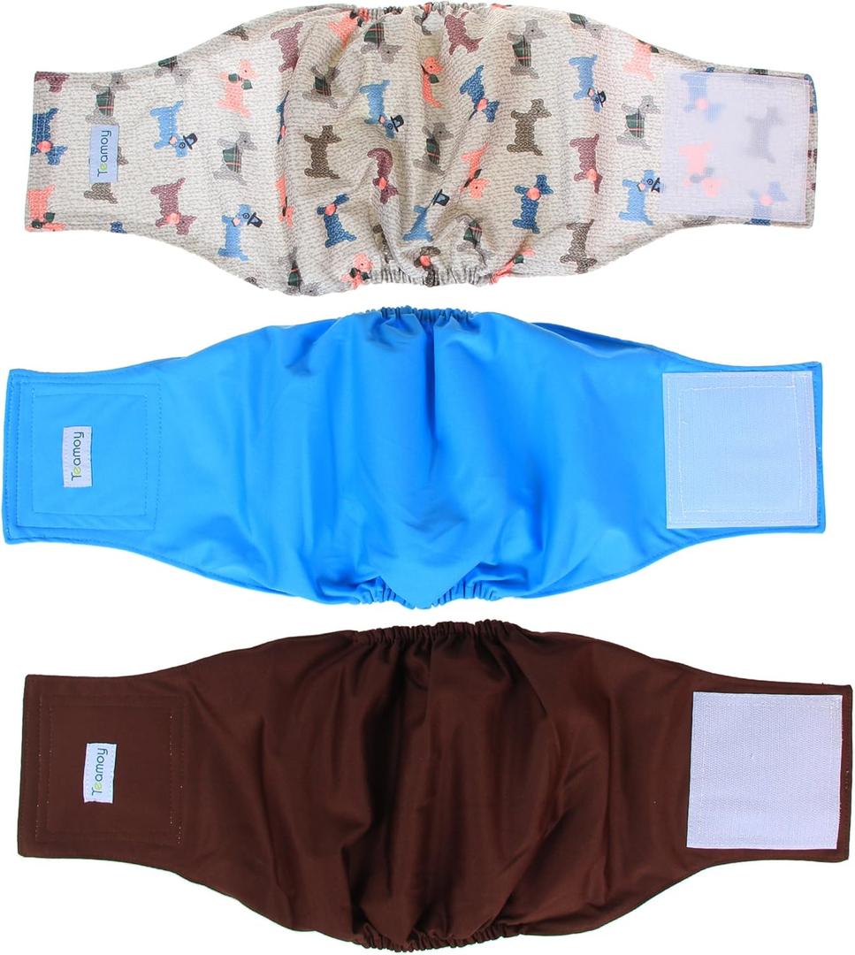 Teamoy Reusable Wrap Diapers for Male Dogs, Washable Puppy Belly Band Pack of 3 (L1, 16"-20" Waist, Light Blue+ Dogs+Coffee)