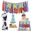 Cartoon Toy Highchair Banner for Baby First Birthday Party Decorations Blue Sky With Clouds High Chair Tassel Banner for Boys Girls Western Cowboy 1st Birthday Photo Props Backdrop Decoration