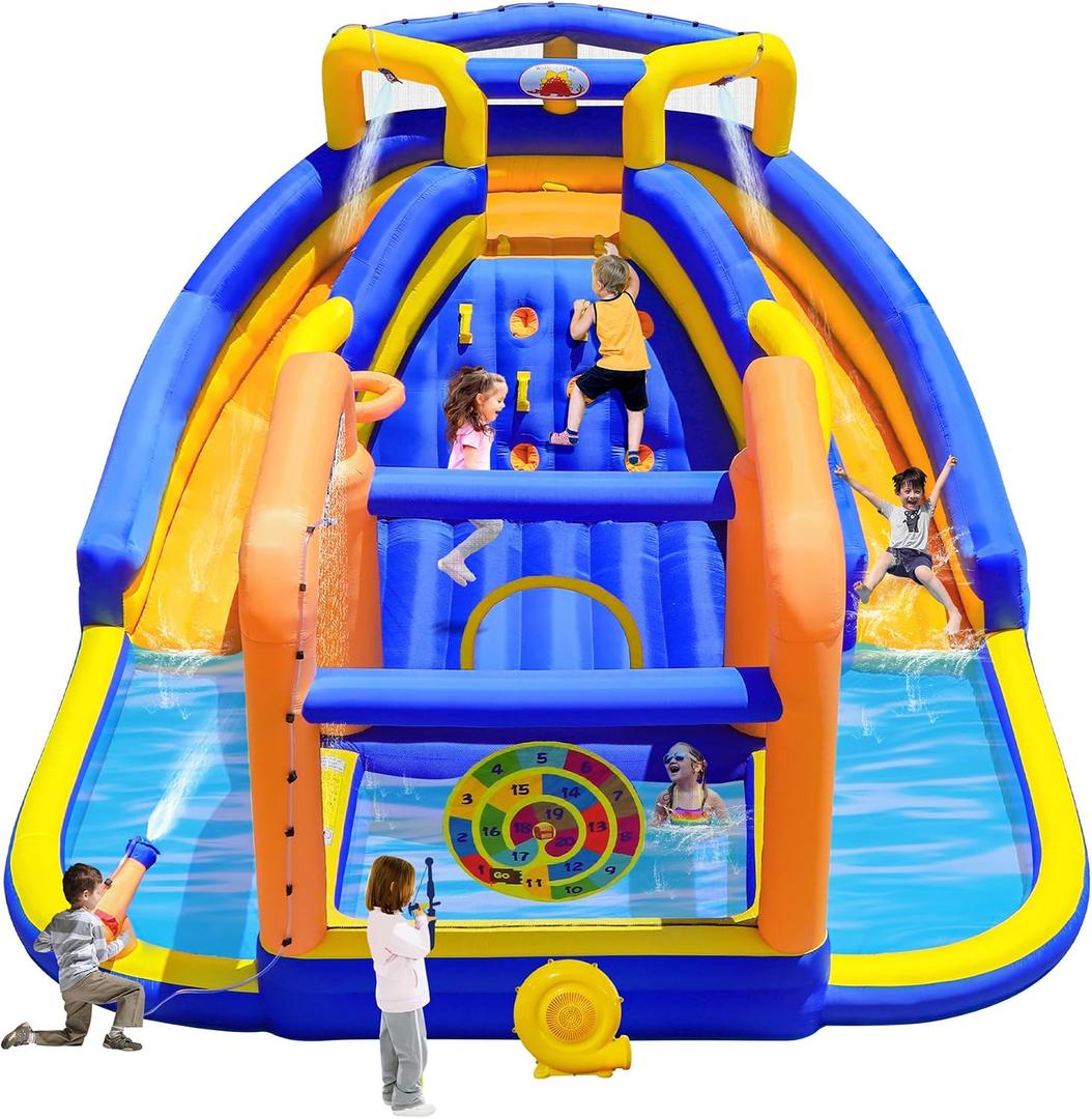 WELLFUNTIME Inflatable Water Slide, Bouncy Castle with Blower, 171 x 160 x 90 inches Bounce House with Climbing Wall, Archery Dartboard Game and Basketball Hoop, Jumping Area