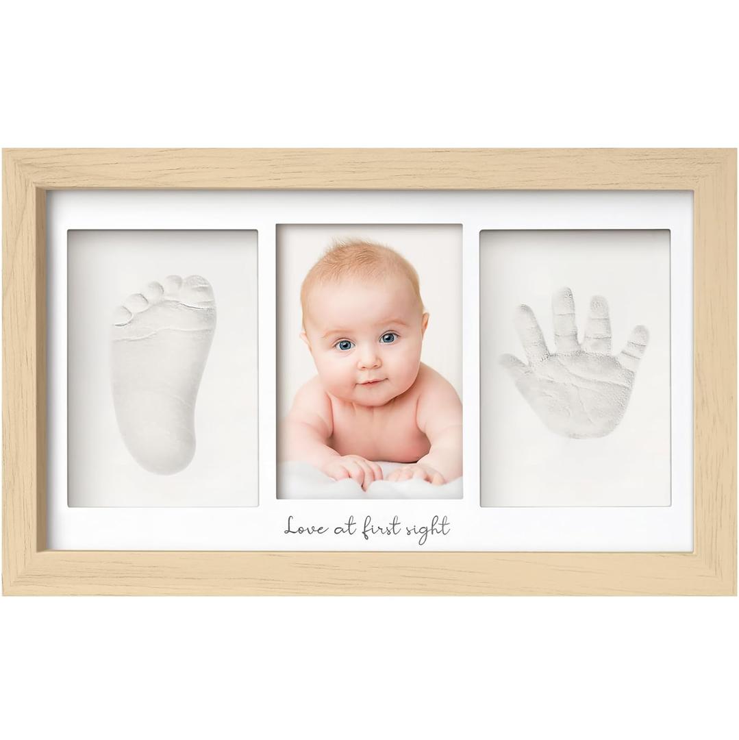 Baby Hand and Footprint Kit - Clay Handprint Keepsake Frame, Newborn Nursery Picture Frame, Personalized New Mom Gifts for Baby Shower & Registry (Ash Wood) (Duo Frame, 13" x 7.9")