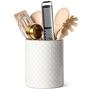 LE TAUCI Utensil Holder, 7.1" Ceramic Kitchen Utensil Holder for Counter top, Embossed Cooking Utensil Organizer for Spatula & Spoon, Kitchen Decor, Set of 1, Arctic White,Fireworks