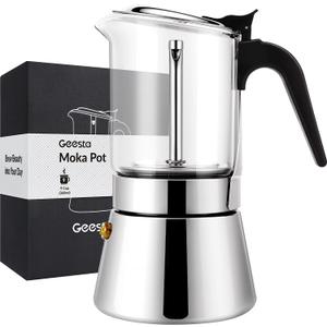 Geesta Premium Crystal GlassTop Stovetop Espresso Moka Pot  9 Cups Stainless Steel Coffee Maker 360ml/12.7oz/9 Cup (Espresso Cup=40ml)