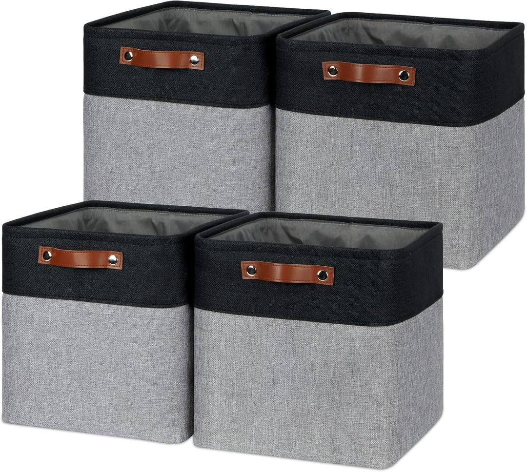 Temary Storage Baskets 12x12 Fabric Cube Storage Bins, 4 Pack Large Baskets with Handles, Baskets for Organizing Towels, Blankets, Collapsible Storage Basket (Black&Gray) (121212)