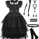 Black Halloween Costume for Girls 4-12, Kids Black Dress with Wig & Accessories, Cosplay Gift for Halloween (6-7 Years)