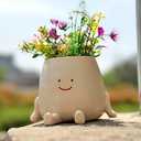 Smiley Face Planter Pot  Small Cute Resin Flower Head Planter with Drainage Hole, Succulent Pot for Indoor & Outdoor Home Dcor