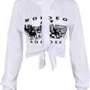 LovelyWholesale Women Tie Front Tops Graphic Crop Sexy Long Sleeve Deep V Neck Shirt White R Small (White, S)