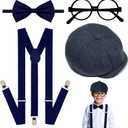 4Pcs Kids Boys Suspenders Bowtie Set with Black Glasses Newsboy Cap for Boy Girl Wedding 100 Days of School Costume