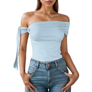 DIKGROP One Off The Shoulder Tops for Women Going Out Slim Fit Sexy Tie Solid Ruched Y2K Summer Tops XL