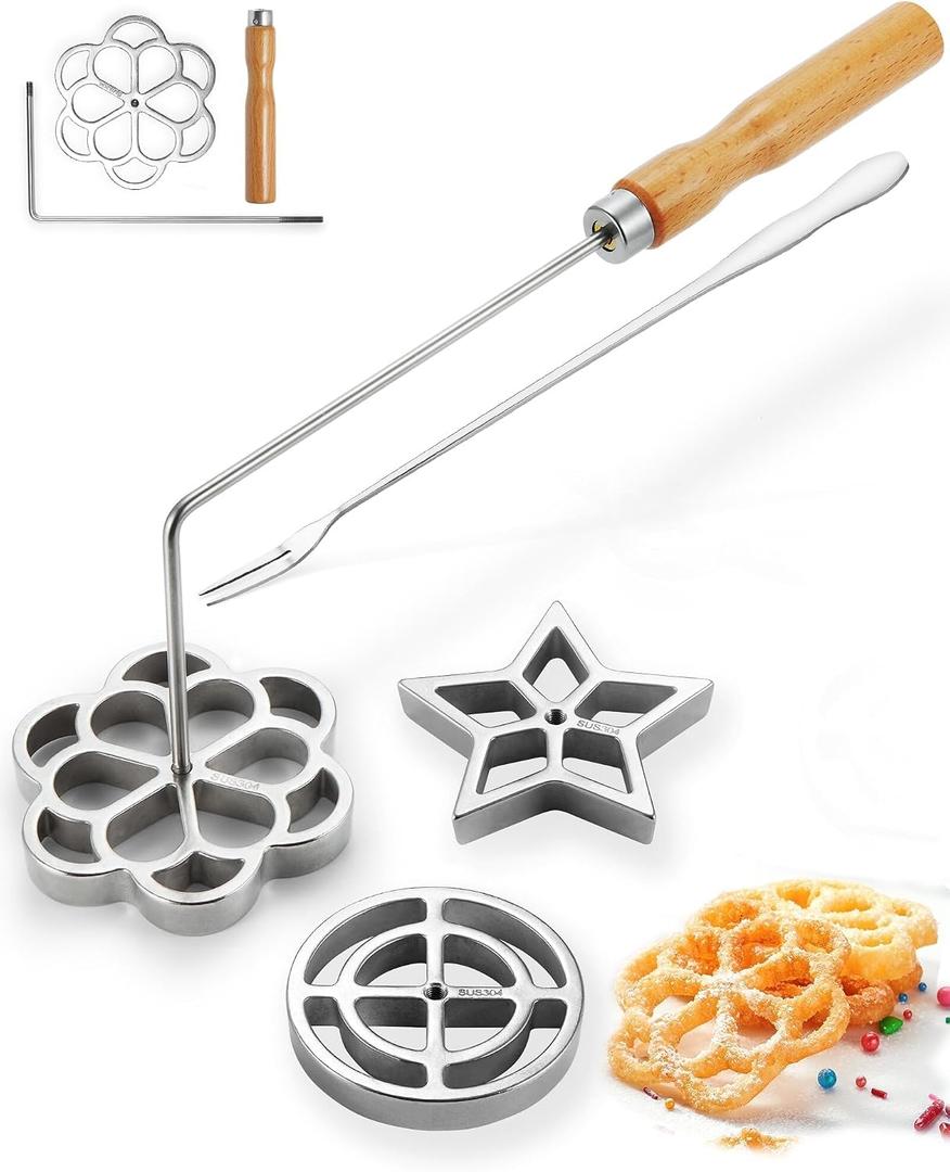 Bunuelos Mold with Handle, 304 Stainless steel Flower, Round and Star Rosette Molde with Long Fork- Rosette Para Buuelos de Viento Moldes Mexicanos Tools Set with 3 Interchangeable Heads