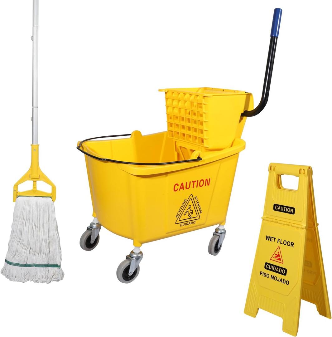 Side Press Wringer Combo Commercial Mop Bucket on Wheels, 35 Quart,Yellow, Including Wet Floor Caution Sign24Inch and One Industrail Mop