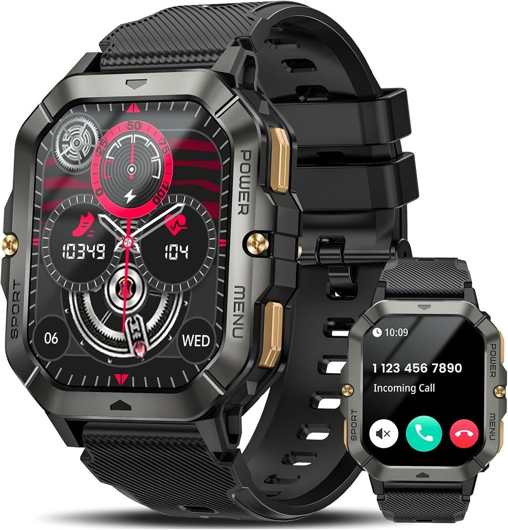 Military Smart Watches for Men (Answer/Make Calls), 2.02'' Fitness Smart Watch for Android and iPhone, Waterproof Fitness Tracker with Blood Pressure/Heart Rate/Sleep/100+ Sport Modes, Watches for Men (Black)