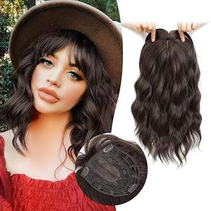 Molefi Hair Topper for Women with Thinning Hair 14 Inch Large Base Synthetic Curly Topper with Bangs Brown with Highlights Hairpieces for Daily Use