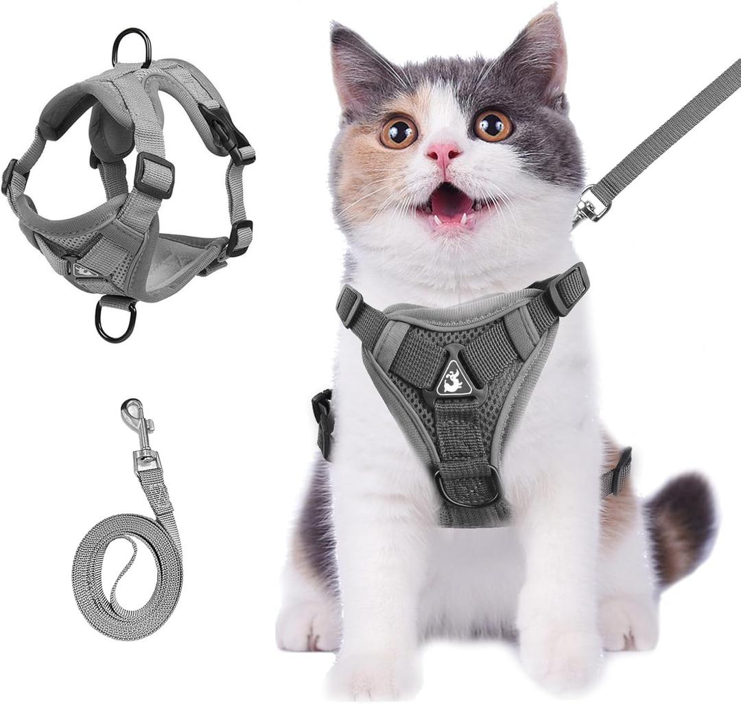 Wanheart cat Chest Harness and Leash, Anti-Escape Adjustable Soft Mesh cat Leash and Chest Harness Set for All Types of Cats cat Vests (Grey, 6.6-9.9lb)