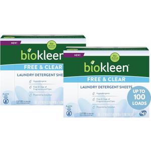 Biokleen Laundry Detergent Sheets (2 PACK) - Free & Clear From Fragrances and Dyes, Hypoallergenic Enzymatic Cleaning - 100 Sheets, 200 Loads