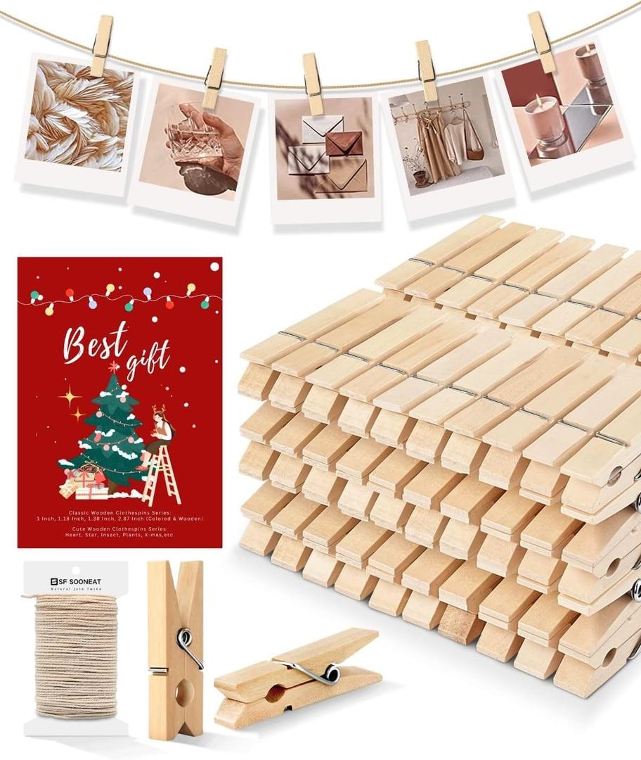 Mini Clothespins, Mini Clothes Pins for Photo, 100 Pack Wooden Small Clothes Pin with 32 FT Jute Twine String, Tiny Decorative Clothespin for Little Baby Shower Photos Clips Pictures Crafts Display
