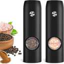 Electric Salt and Pepper Grinder Set, Rechargeable Automatic Pepper Mill Grinder with LED Light, Adjustable Coarseness shakers, One-Hand Operation for Kitchen Appliances(2 Pack Black)
