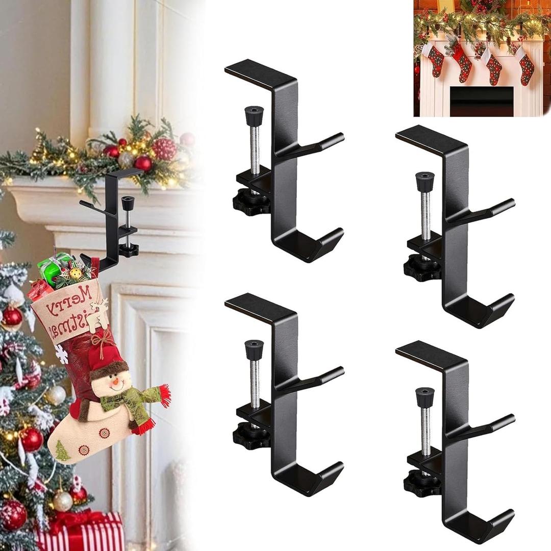 4Pcs Fireplace Stocking and Garland Hanger, Adjustable Heavy Duty Brick Hanger 0.3"-2.1", Stocking Holders for Mantle Garland Hanger Mantle Hooks for Home Party Decoration (Black)
