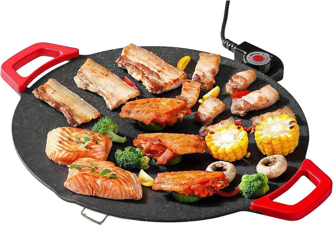 14.2" Nonstick Electric Griddle  800W Indoor Smokeless Grill with Removable Temp Control, Foldable Legs & Heat-Resistant Handles, Drip Tray Design for Pancakes, Steak & Korean BBQ