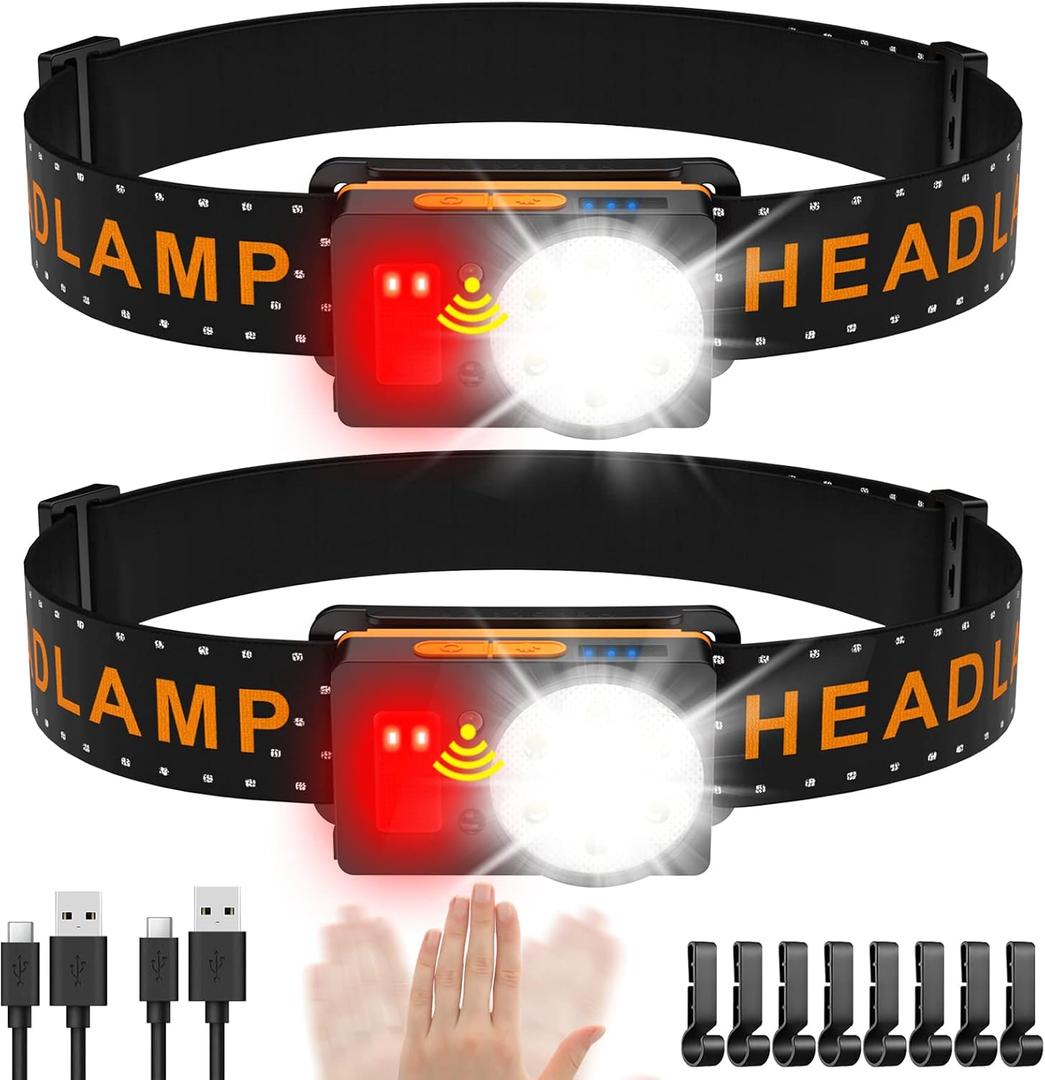 2 x Headlamp Rechargeable, 500 Lumen Super Bright Motion Sensor LED HeadLamp, Headlamp Flashlight with White Red Lights, 6 Modes Lightweight Waterproof Head Lamp for Outdoor Running, Camping Hiking (Y013-2Pack)