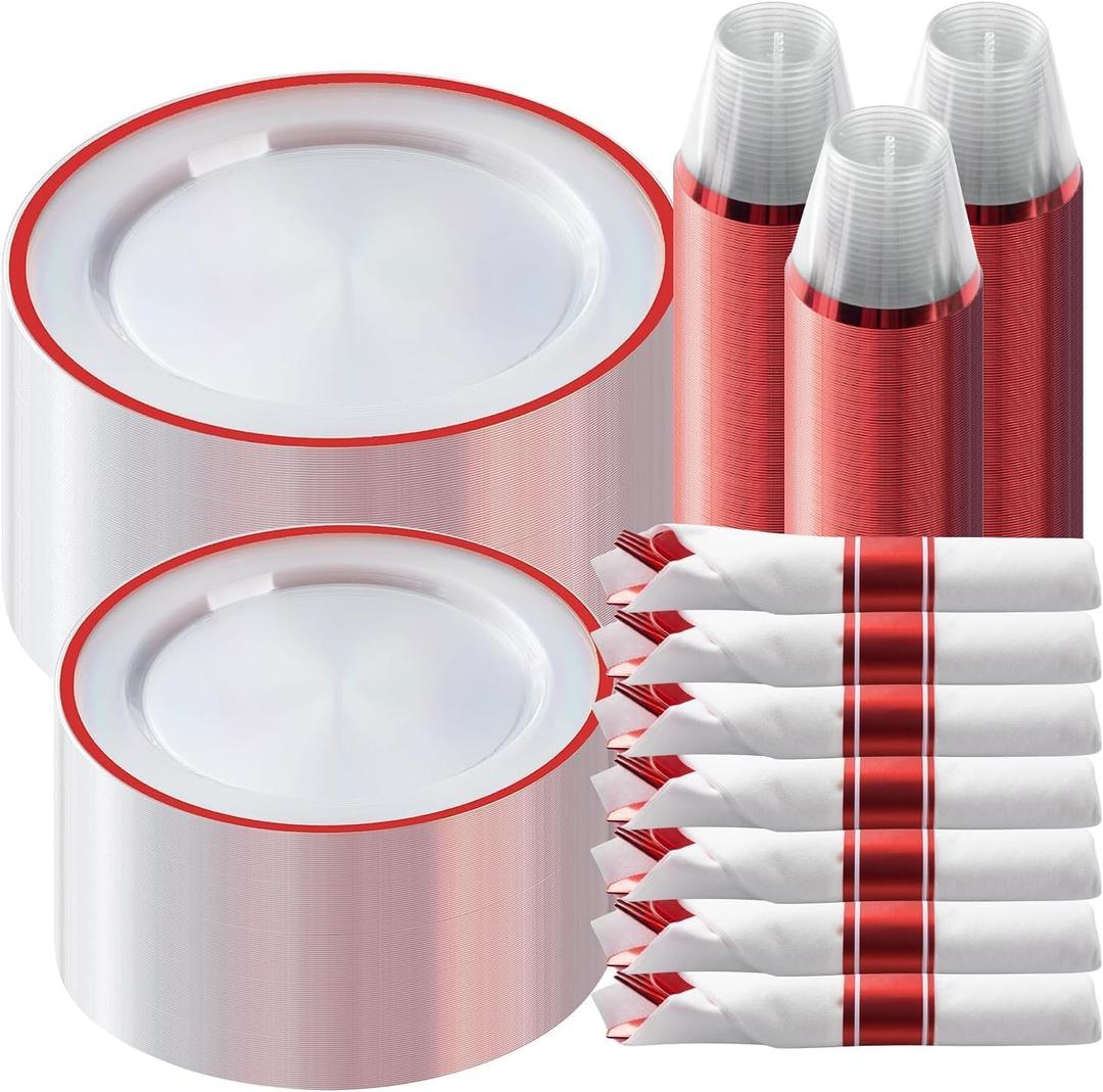 Goodluck 350 Piece Red Plastic Dinnerware Set for Party, Clear Disposable Plates for 50 Guests, Includes 100 Plates, 50 Pre Rolled Napkins with Cutlery Set, 50 Cups for Graduation, Wedding, Christmas