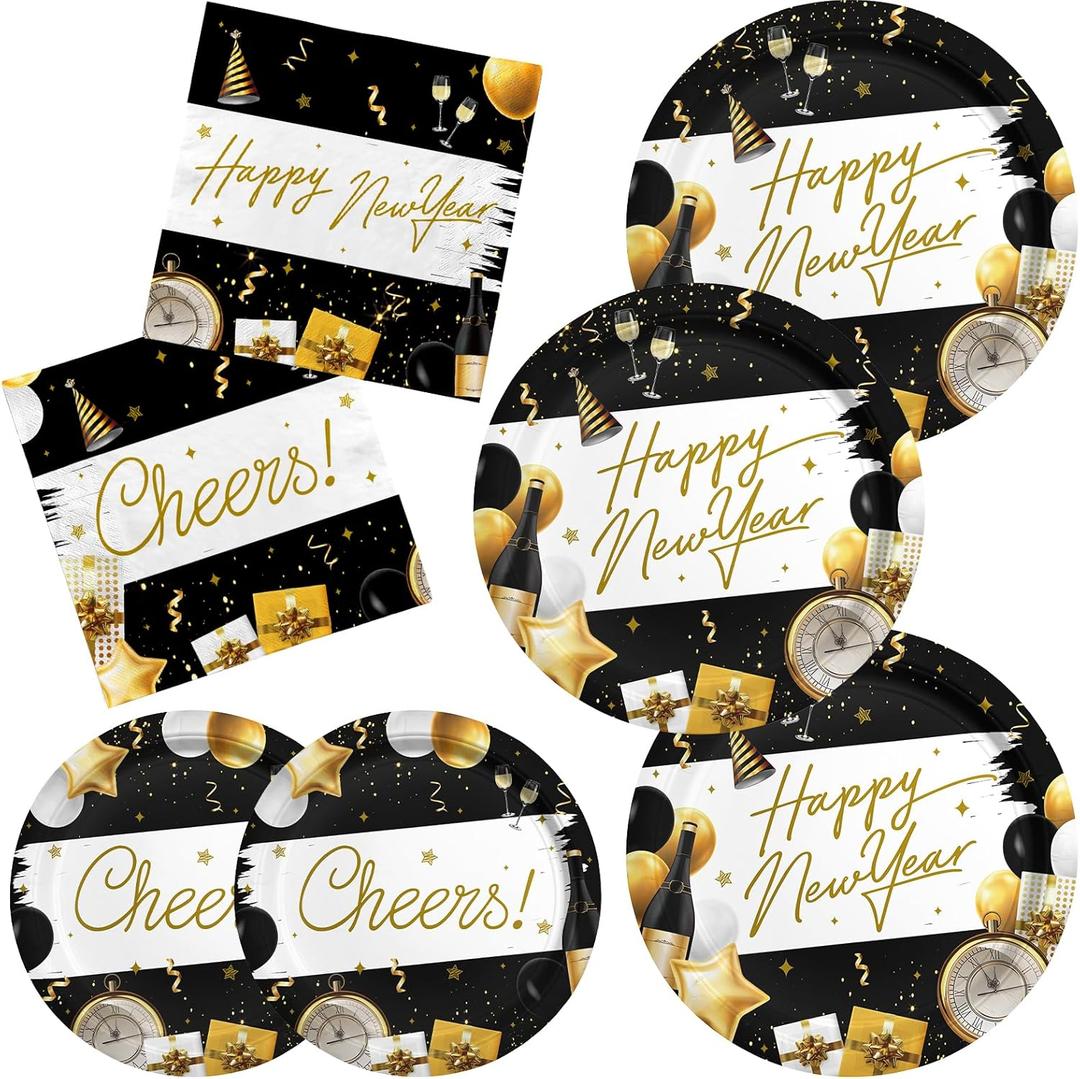 Happy New Year Celebration Kit: Party Supplies for 50 Guests with Decorative Disposable Plates & Napkins, Ringing in the New Year