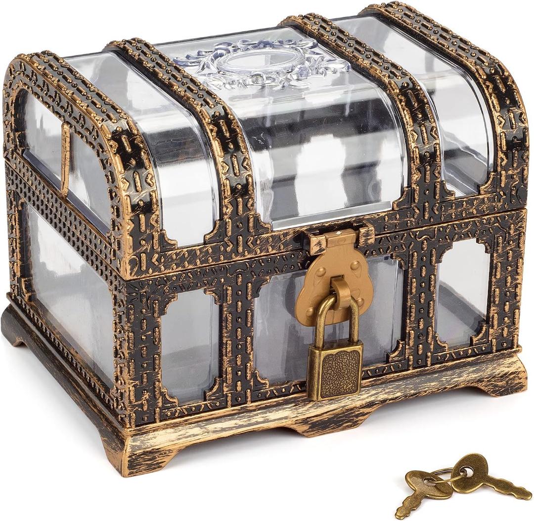 Plastic Transparent Antique Pirate Treasure Box with Lock and Key, Treasure Toy Box Prizes for Kids, Pirate Party Decor (transparent antique chest 3)