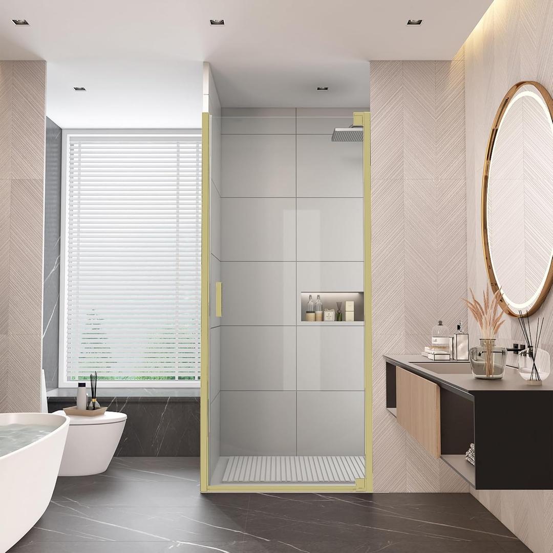 Sunrosa Pivot Shower Door, 33 2/8" -34" W x 76" H Single Pivot Shower Door, 5/16"(8mm) Clear Tempered Glass, Pivot Swing Shower Door, Brushed Gold Finish, Easy to Clean