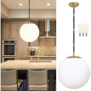 KoKo&Yukina 13.7" Gold Globe Pendant Light Mid Century Pendant Light Milk Glass Pendant Lights Kitchen Island Adjustable Hanging Light Fixture for Dining Room Bedroom Kitchen Islan (Opal & Brass)