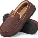 HomeTop Men's Suede Memory Foam Moccasin Slippers Soft Plush Warm Lining House Shoes, 10, Coffee