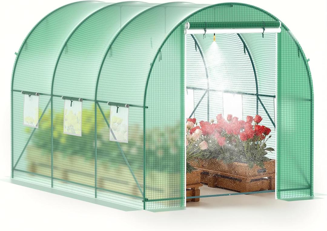GOJOOASIS Greenhouse with Water System Outdoor Green House for Outside Winter Heavy Duty Large Walk-in Tunnel Portable Greenhouses for Backyard Plants Shed (10'x7'x7' w/Irrigation System)