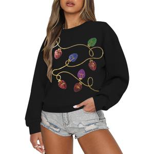 BANGELY Christmas Sequin Sweatshirt Women Christmas Light Sweatshirts Xmas Long Sleeve Shirts Holiday Crewneck Pullover Tops (Small, Black)
