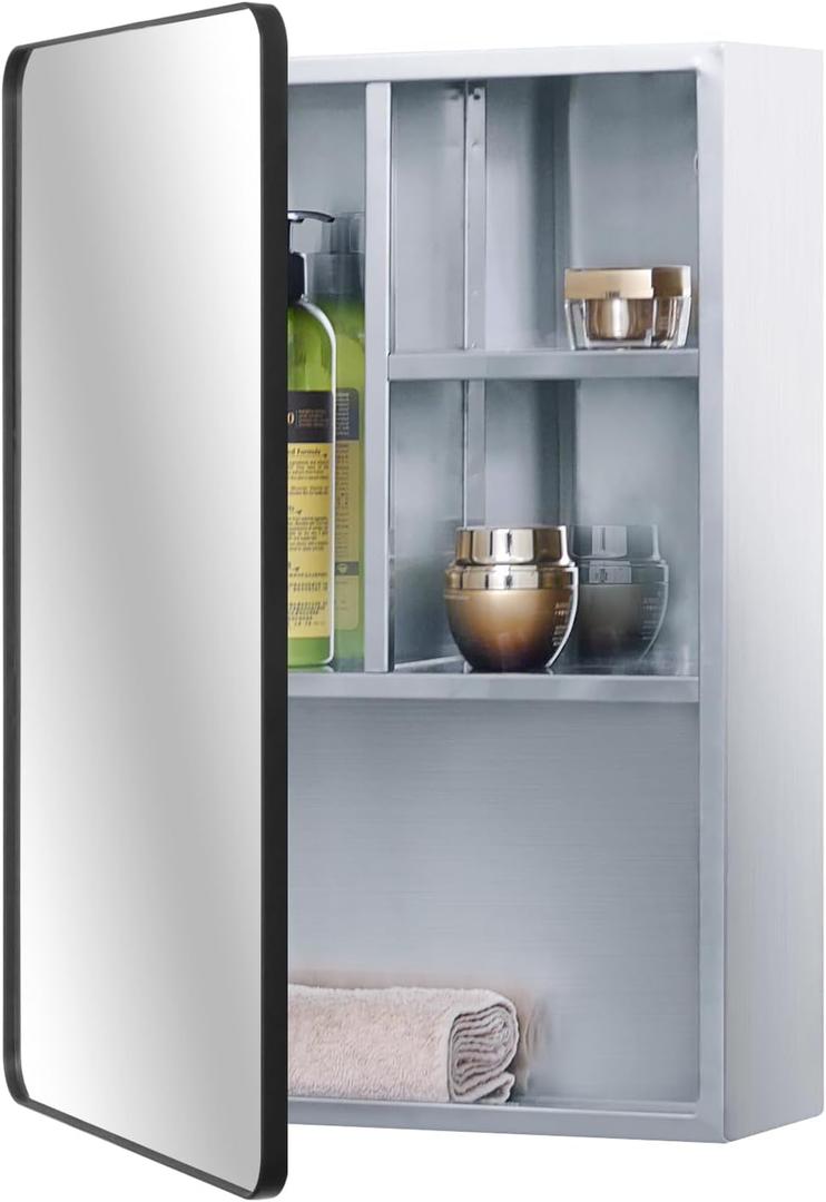 Fundin Stainless Steel Bathroom Medicine Mirror Cabinet with Matt Black Framed Door, Multi Shelves, 15x21 inch