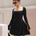 YMDUCH Women's Sexy Long Sleeve Sweetheart Neck A-line Ruffle Hem Party Club Mini Dress (Black, L)