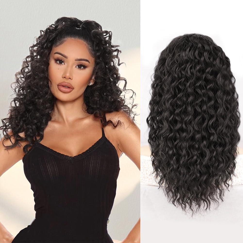 QGZ Ponytail Extension Drawstring Ponytail for Black Women 18 Inch Synthetic Long Afro Curly Fluffy Ponytail for Daily Use(Black Brown)