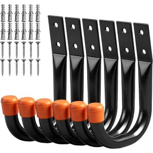 HORUSDY 6-Pack Heavy Duty Metal Wall Hooks, Large Garage Storage & Organization Hooks for Tools, Extension Cords, Ladders, and Bags, Wall Mount J Hooks for Indoor Outdoor Use, Black