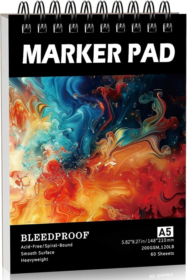 60 Sheets Marker Paper Pad, A5(5.8"x8.3") Alcohol Marker Paper Sketch Pad, 120lb/200gsm Heavyweight Spiral Sketch Book, Painting Coloring Drawing Paper for Kids Beginners Artists