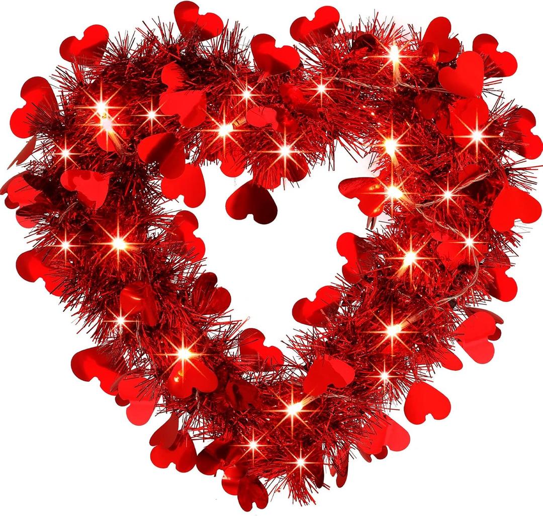 2 Pcs Valentine s Day Wreaths with Lighted- 14'' Heart Wreaths for Front Door Valentines Decorations Heart Shaped Tinsel Wreath and 20 LED Light for Wedding Proposal Engagement Party(Elegant Style)