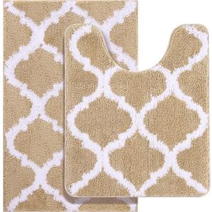 OEKO TEX Bathroom Rugs Set 2 Piece, Microfiber Bath Shower Mat and U-Shaped Toilet Rug, Machine Wash Dry, Non-Slip Absorbent Shaggy Bath Mats for Tub, Shower and Bathroom (24"x16"+24"x20", Beige)