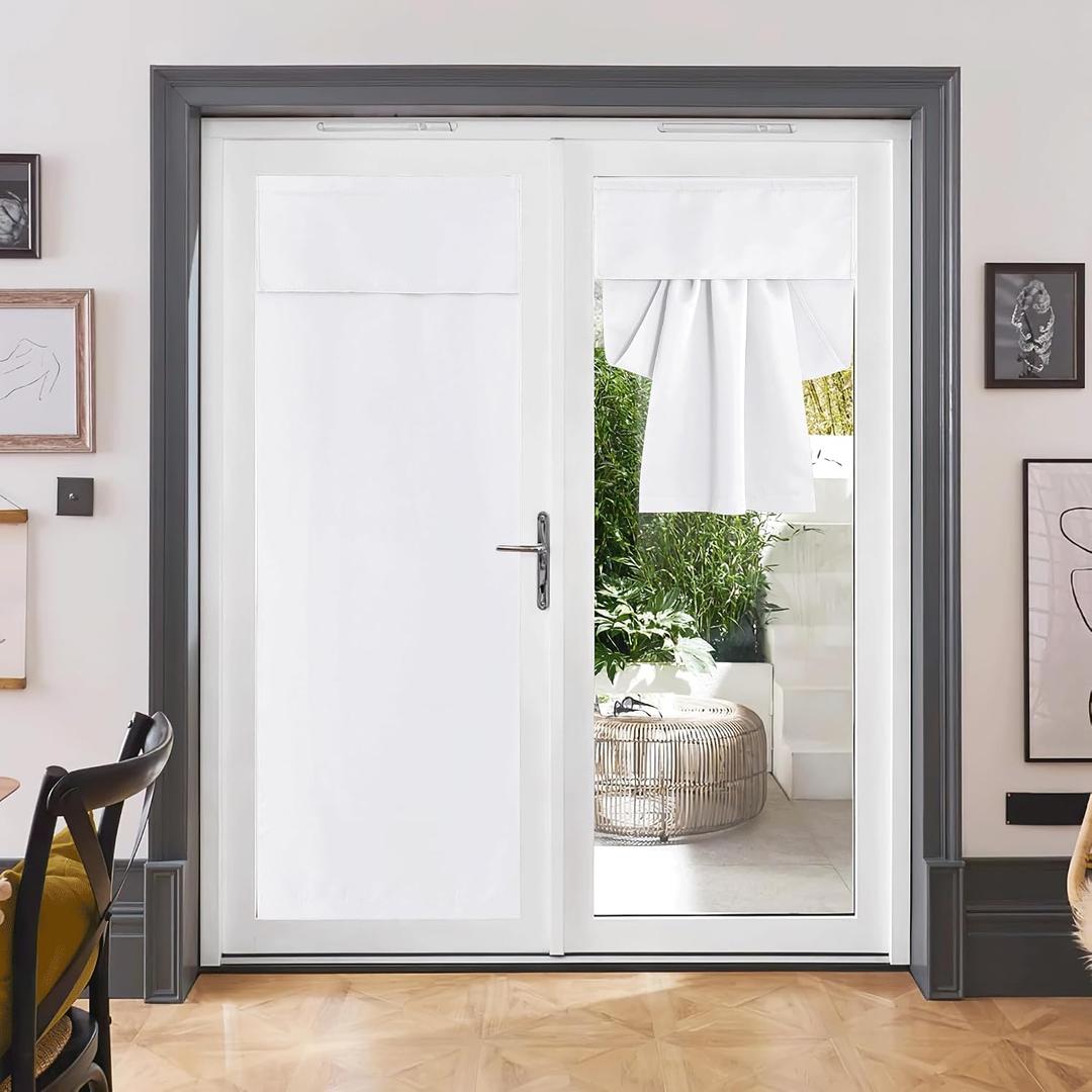 RYB HOME French Door Curtains Privacy - Self Adhesive Length Adjustable Glass Window Curtains for Tricia Door Patio Sliding Glass Door Kitchen Door, W 34 x L 80 inch, Pure White, 1 Panel