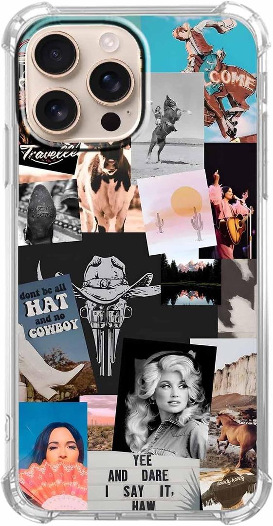 Cowboy Cowgirl Collage Case for iPhone 16 Pro,Western Country Art Pattern,Soft TPU Full Cover Case for iPhone 16 Pro