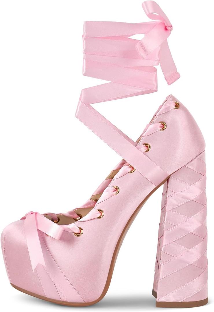 Platform Heels Chunky Bow Ribbon Pumps (Pink) 