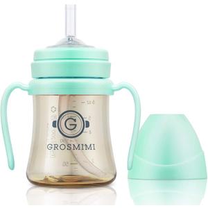 GROSMIMI Spill Proof no Spill Magic Sippy Cup with Straw with Handle for Baby and Toddlers, Customizable, PPSU, BPA Free 6 oz (Aqua Green), 1 Count