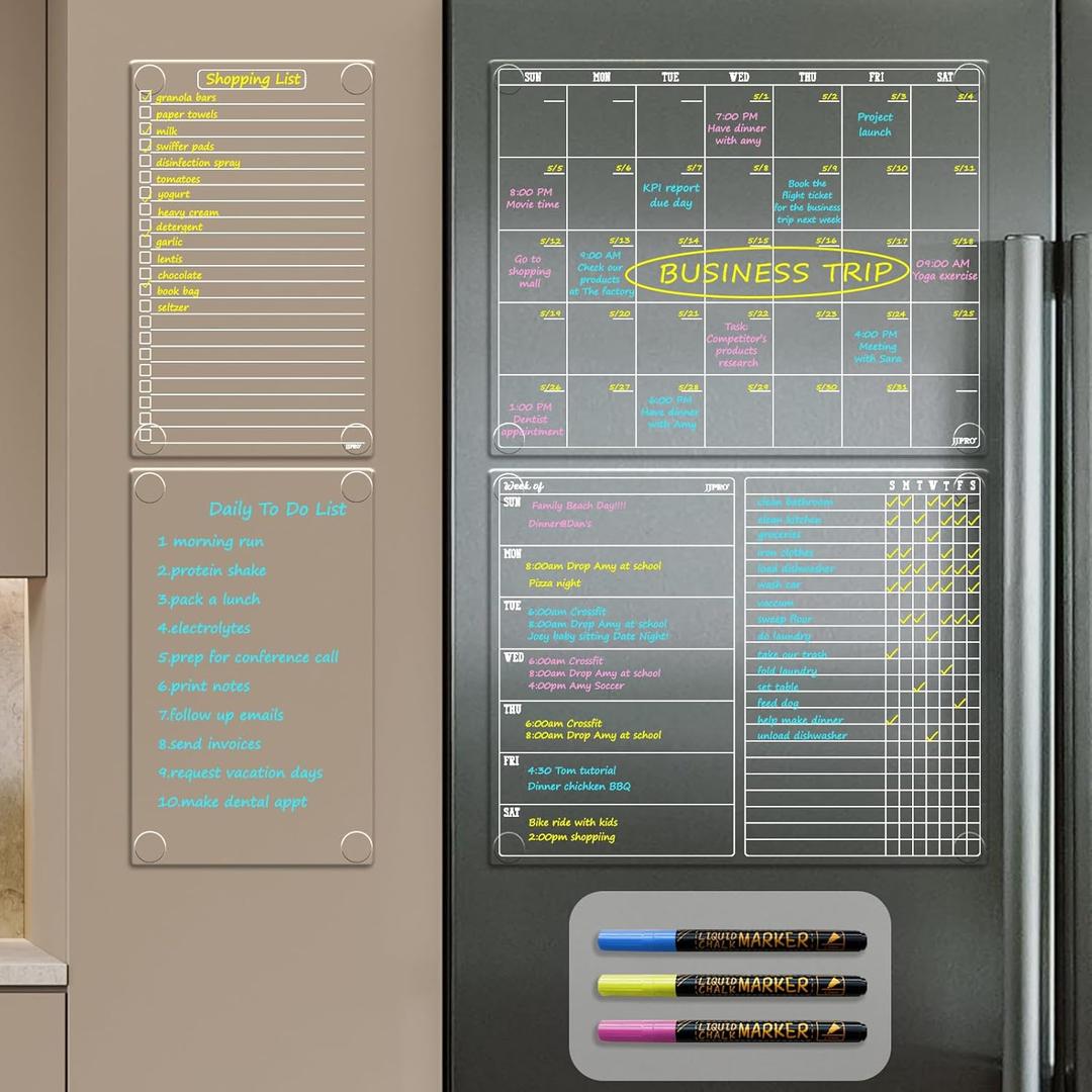 JJPRO Non-Magnetic Calendar for Fridge-Clear Monthly Calendar,Weekly Planner,List and Blank Board -Reusable Board Sticks to Fridge,Wall,Door&Glass,Non Magnetic Fridge Calendar