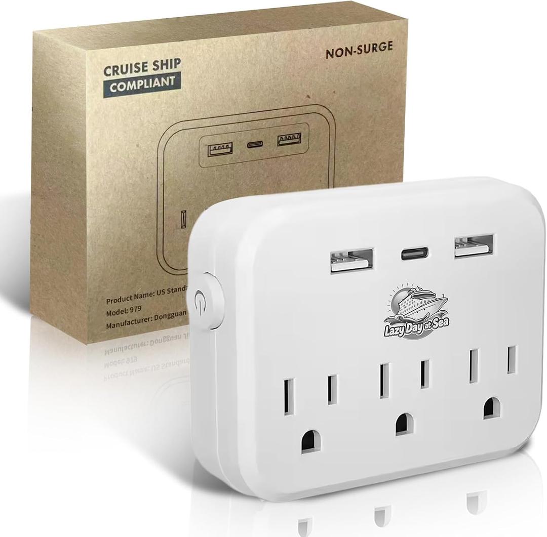 Cruise Ship Compliant Non-Surge Power Strip (6-in-1) Outlet Extender with 3 AC Outlets, 2 USB Ports & 1 USB-C, 2500W, Approved for Carnival, Norwegian, Princess & Disney Cruises (NOT Royal)