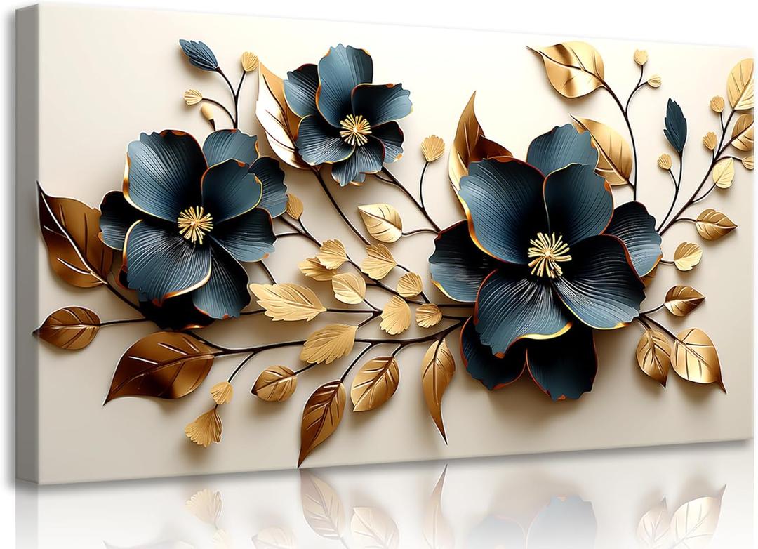Qenundme Large Flower Canvas Wall Art for Living Room Bedroom Home Office Print Painting Gold and Dark Blue Floral Botanical Picture Modern Artwork Flower Prints 24x48In Framed (48L" x 24W")