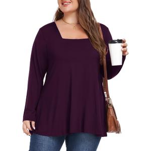 OVERWORETY Womens Plus Size T-Shirt Square Neck Long Sleeve Loose Casual Tunic Tops (4X, Aa- Purple)