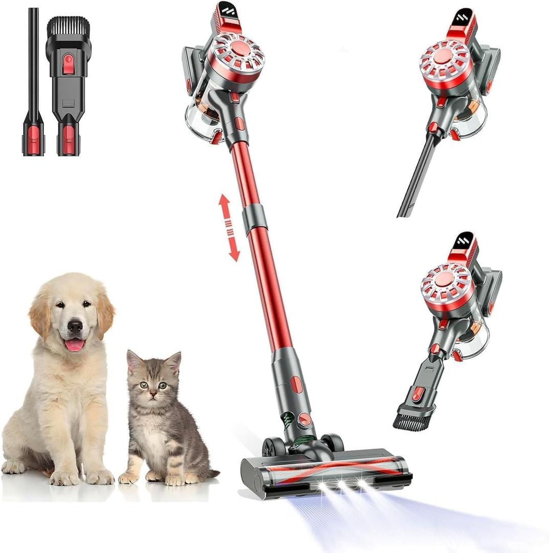 Cordless Vacuum Cleaner,Vacuum Cleaners for Home with Super Suction,Lightweight Stick Vacuum with 35 Mins Runtime,Rechargeable Cordless Vacuum for Pet Hair, Hardwood Floors (Black Red)